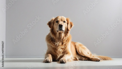 A noble Golden Retriever lies regally in a studio, its lush golden coat and composed demeanor standing out against a minimalistic white backdrop, epitomizing the breed's beauty and calm.