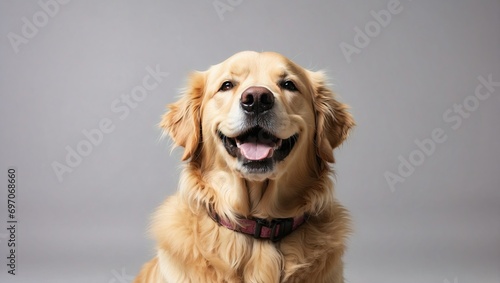 A joyful Golden Retriever dog smiles broadly, wearing a collar, with a vibrant golden coat, in a minimalist studio, exuding happiness and friendliness in a close-up portrait.