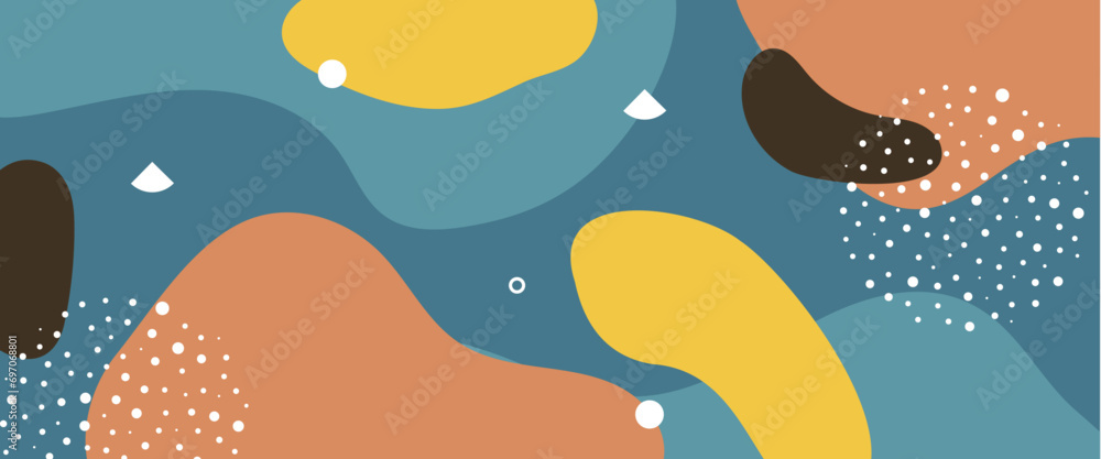 Fototapeta premium Colorful colourful abstract pop art banner with memphis geometric pattern and shapes liquid wave. 80-90s style. Vector illustration. Trendy Memphis 80s-90s style