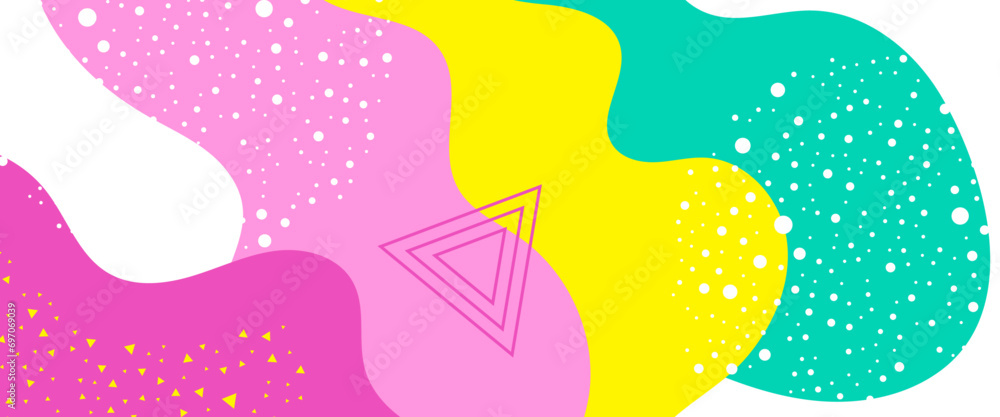 Colorful colourful abstract pop art memphis design. Colour shapes with memphis geometric. 90s pattern. Splash fun banner. Vector Illustration. Trendy Pop Art Memphis 80s-90s style