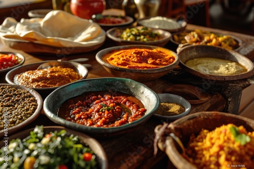 Savoring Ethiopia: A Culinary Odyssey Unfolds on an Injera-Lined Platter, Displaying the Heart of Ethiopian Cuisine with Spongy Teff Flatbreads and a Medley of Authentic, Spicy, and Delicious East Afr photo
