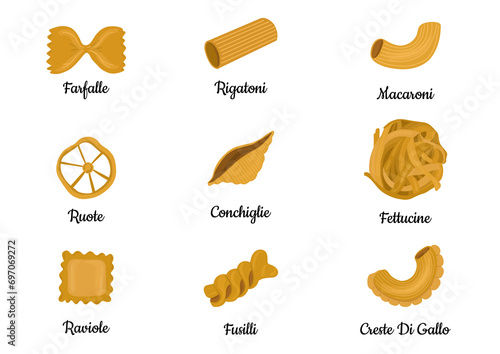 Big set with the different types of Italian pasta vector illustration isolated on white background. Spaghetti, Farfalle, penne, rigatoni, ravioli, fusilli,conchiglie, elbows, fettucine illustration.