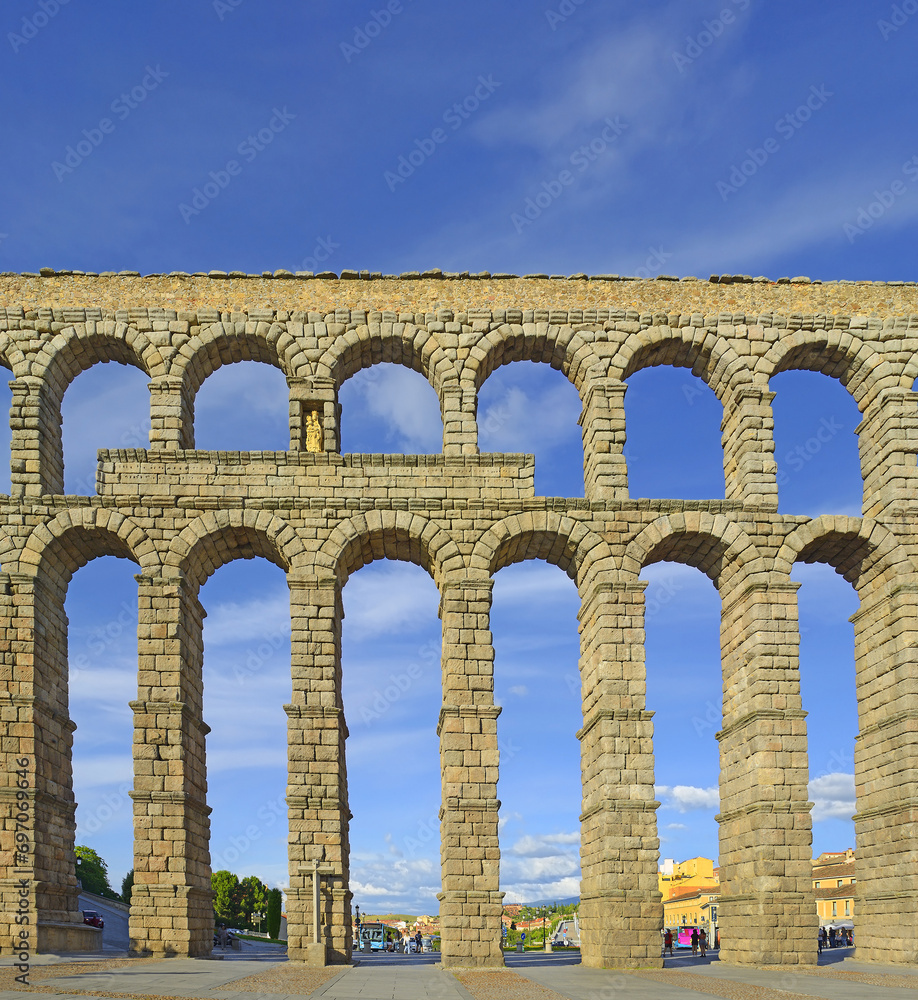 The Roman aqueduct of Segovia, probably built c. A.D. 50, is remarkably well preserved, Castilla y Leon, Spain, World Heritage Site by UNESCO