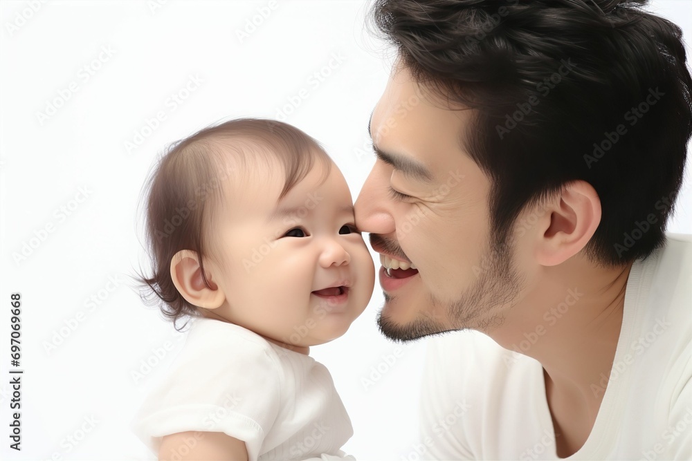 日本人の父親と赤ちゃんの横顔(家族・親子・白背景・背景なし) 日本人の父親と赤ちゃんの横顔(家族・親子・白背景・背景なし)