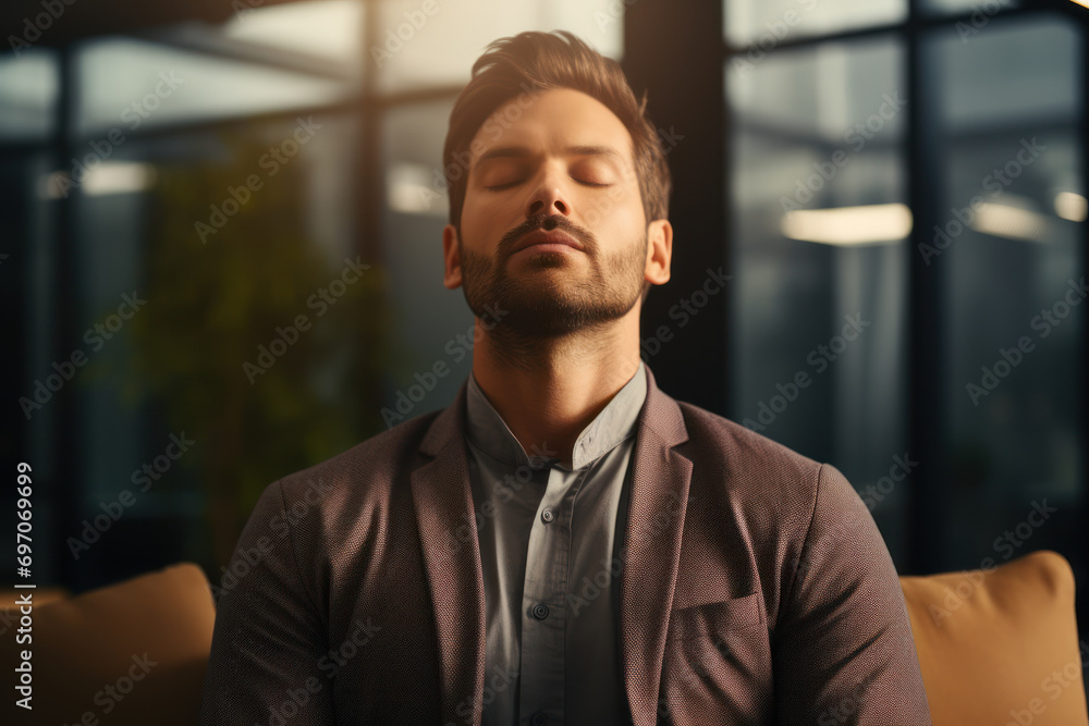 Obraz premium A person practicing mindful breathing exercises during a break at work, embracing the habit of stress relief through intentional breathwork. Concept of mindful relaxation. Generative Ai.