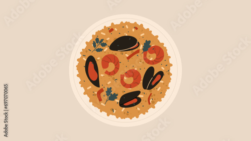 Traditional Spanish dish Paella on a plate. Vector illustration.
