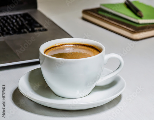 cup of coffee on desk in office  modern lifestyle