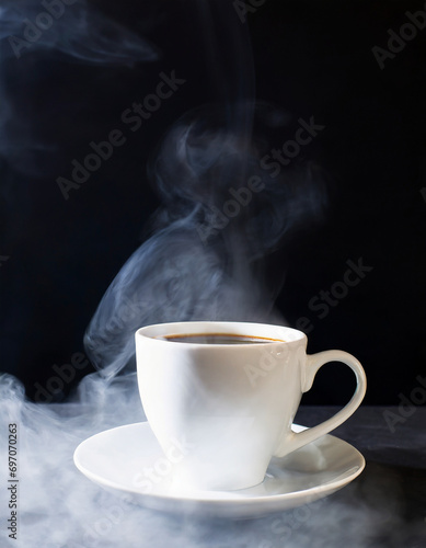 cup of coffee on dark background in studio with smoke, modern lifestyle