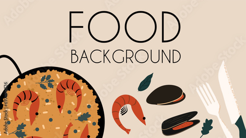 Background with traditional Spanish dish Paella. Food banner. Vector illustration in hand draw style.