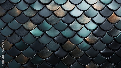 Fish Skin pattern, 3D Mosaic Tiles arranged in the shape of a wall. metallic glossy, Black, Blocks stacked to create a Futuristic block background photo