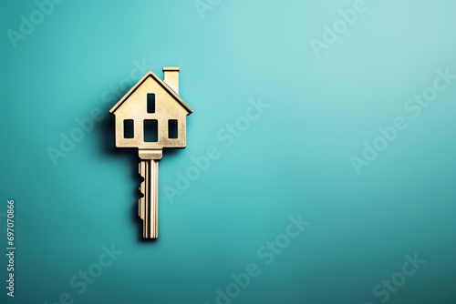 Key in the Shape of House on Blue Background with Copy Space © fotoyou