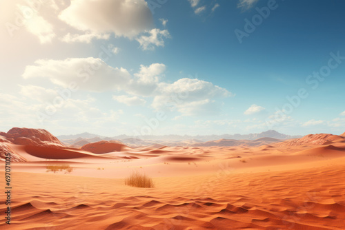 A scorching summer desert  with sand dunes stretching endlessly and the heat creating a mirage on the horizon. Concept of desert heat. Generative Ai.