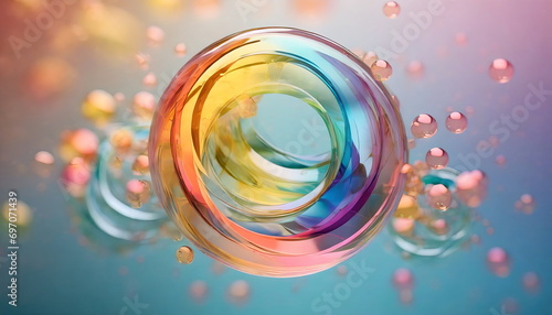 Dynamic 3d rendering illustration of sphere glass with rainbow colorful reflections composition.   photo