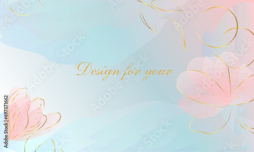 Rose flowers watercolor and gold texture. blue and pink watercolor background. layout design, cover template, for banner, poster, web and packaging.