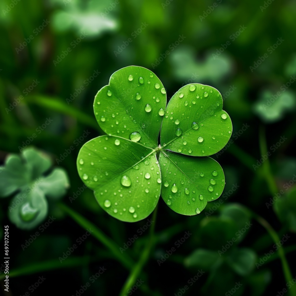Close-up of a fresh four-leaf clover with dew drops on its leaves Close-up of a fresh four-leaf clover with dew drops on its leaves