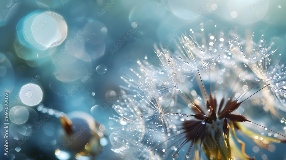 Fototapeta premium Flower dandelion seeds in drops dew rain sparkle in rays light close-up macro. Abstract art background for design, beautiful round bokeh, blurry soft blue background. Bright colorful artistic image. 