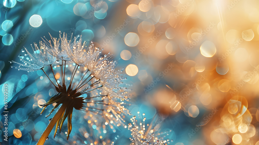 Fototapeta premium Flower dandelion seeds in drops dew rain sparkle in rays light close-up macro. Abstract art background for design, beautiful round bokeh, blurry soft blue background. Bright colorful artistic image. 
