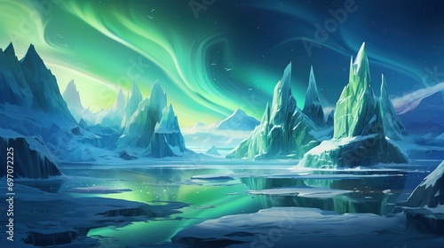 the Northern Lights dancing over a frozen Arctic landscape, illuminating icebergs and snowy plains in ethereal shades of green and blue © Boraryn
