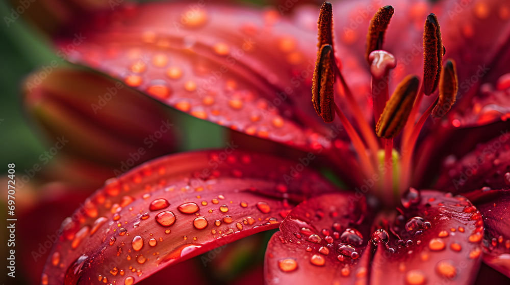 Large and small droplets of water after summer rain on bright red petal of a lily flower in nature outdoors, macro, soft focus Large and small droplets of water after summer rain on bright red petal of a lily flower in nature outdoors, macro, soft focus