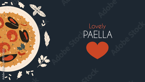 Background with traditional Spanish dish Paella. Food banner. Vector illustration in hand draw style.