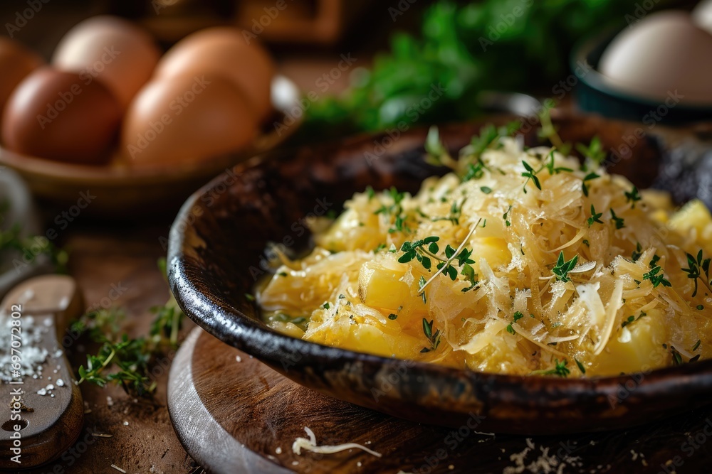 Portuguese Comfort on a Plate: Delight in the Savory Harmony of Bacalhau à Brás, a Classic Dish featuring Shredded Cod, Eggs, Onions, and Potatoes, Enhanced with Olive Oil.

