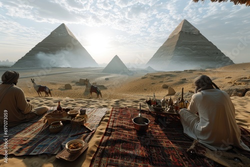 Pyramids Unveiled  Amidst the Grandeur of Giza  a Group Embarks on a Journey through Ancient Egypt  Exploring the Magnificent Monuments and Immersing Themselves in the Sands of History.       