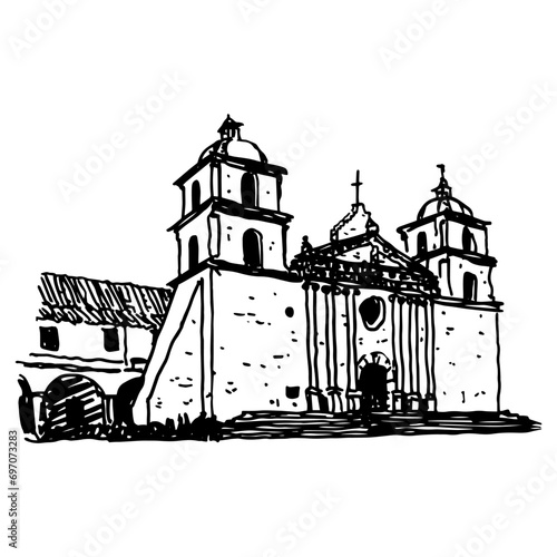 Mission Santa Barbara, California, United States. Misión de Santa Bárbara. Hand drawn linear doodle rough sketch. Black and white silhouette.