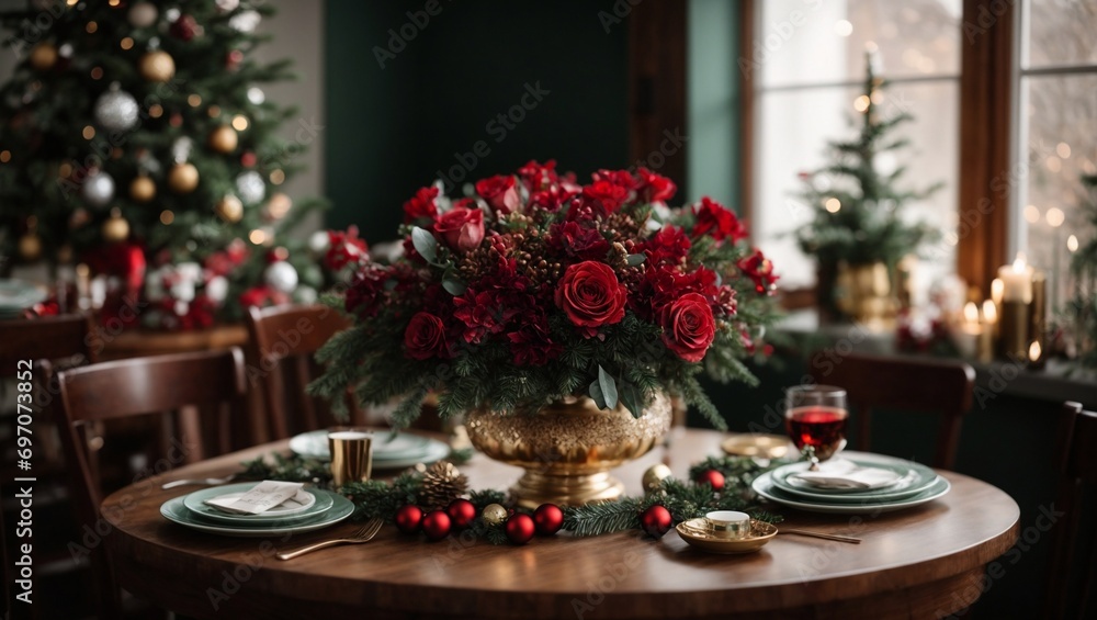 Christmas table setting with central flowers arrangement. 