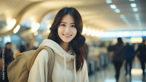 An attractive and joyful Asian female traveler are flying by plane