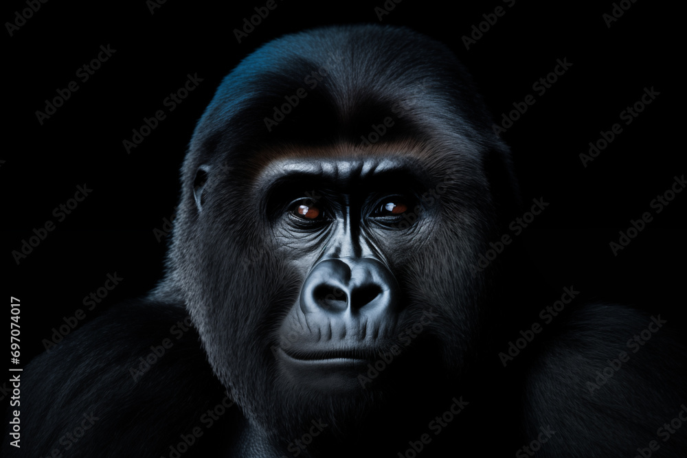 portrait of a mountain gorilla looking at camera on black background