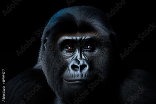 portrait of a mountain gorilla looking at camera on black background