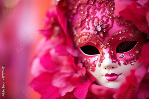 Venetian carnival mask in pink tones with rhinestone decorations