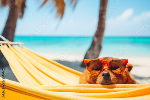 sleeping dog with red sunglasses lying in a yellow fabric hammock next to a paradisiacal beach