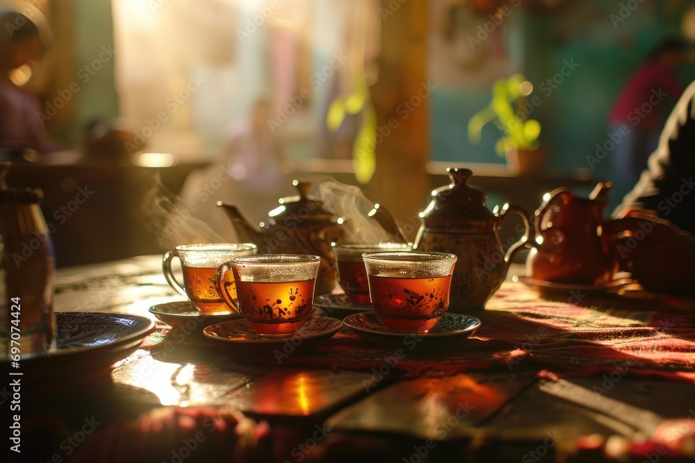 Tea Time Tradition: At a Traditional Egyptian Tea House, Friends Share Warm Moments, Sipping Tea from Ornate Pottery Cups, Surrounded by the Rich Tapestry of Culture and Authentic Hospitality.

