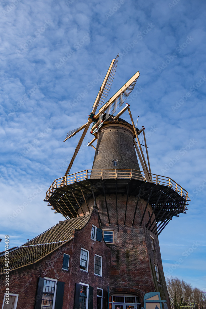 The Molen de Roos windmill in Delft, the Netherlands. The mill dates from the 14th century and took its current form in 1760.
