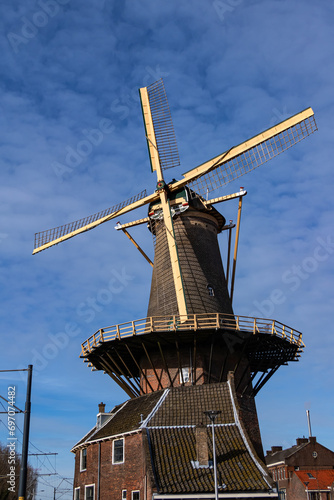 Molen De Roos is the last surviving windmill of the fifteen in Delft. de Roos windmill (The Rose), was built in 1679 and was used for the grinding of corn. Delft, the Netherlands.
