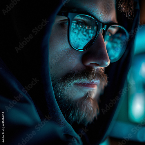 Extreme Closeup view of male hacker head watching in computer display. Person wearing hoodie and glass. Monitor screen reflects on hacker glasses. Doing ilegal activity.