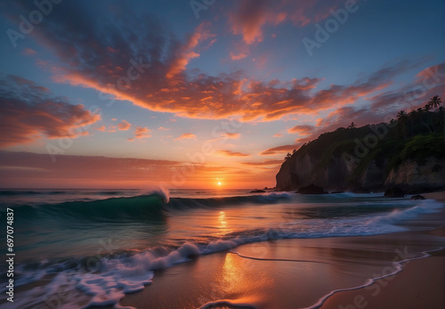 red sunset on the sea  shoreline red sky  waves