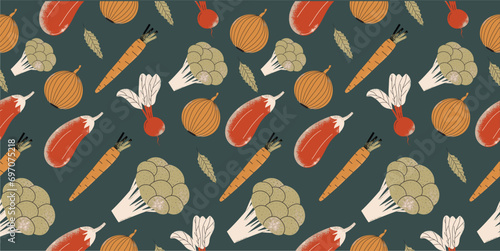 Seamless pattern with  natural fresh organic vegetables. Broccoli, carrots, eggplant, onion. Vector illustration.