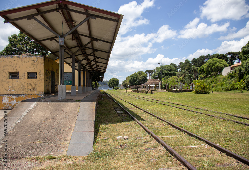 Castro Paraná Brazil Abandoned train station in the city of Castro on a sunny day with a view of the train tracks Castro Paraná Brazil Abandoned train station in the city of Castro on a sunny day with a view of the train tracks