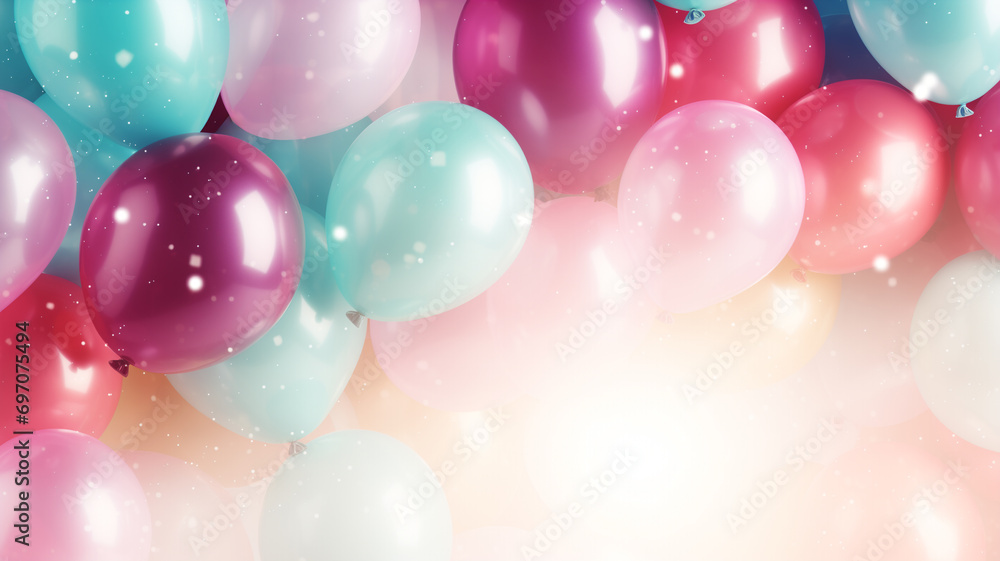 bunte Party Ballons in vielen verschiedenen Farben und mit Platz für Text. Querformat 16:9. Generative Ai.