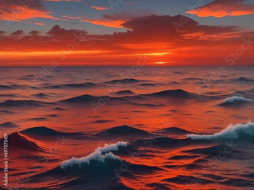 red sunset on the sea, shoreline red sky, waves © A_A88