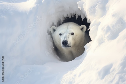 Large polar bear on ice. White bear on snowy background peeks out from a snowy den. Wildlife nature. Melting iceberg and global warming. Climate change concept photo
