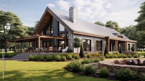3d rendering of modern cozy chalet with pool and parking for sale or rent. Massive timber beams columns. Clear sunny summer day with shiny white clouds. © GoldenART