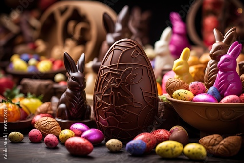 Easter set chocolate ornate eggs and rabbits photo