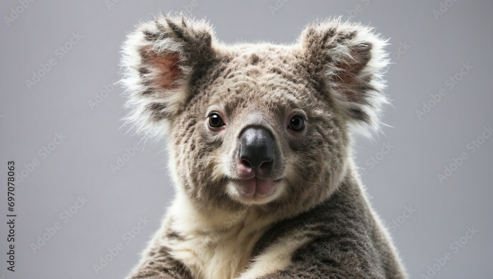 A fluffy koala bear perches with a gentle gaze in a minimalist studio, its distinctive marsupial features highlighted against the bright background. A fluffy koala bear perches with a gentle gaze in a minimalist studio, its distinctive marsupial features highlighted against the bright background.