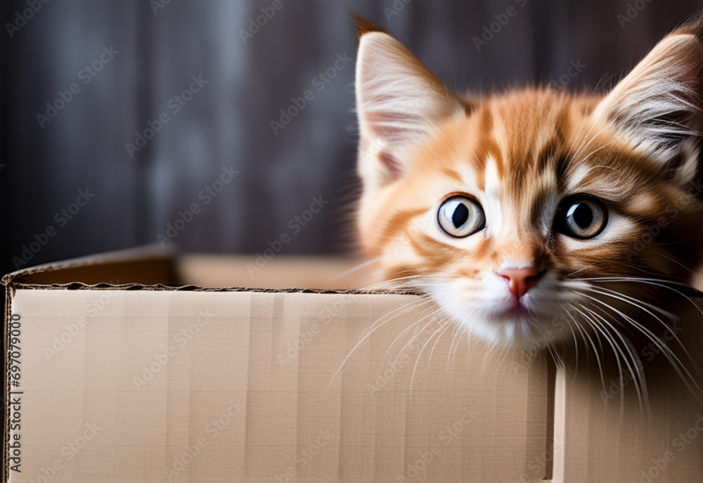 Kitten head peeking over brown cardboard box. Little tabby cat curiously peeking out from behind box. Front view, copy space.  Generative AI