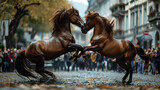 Two horses on their hind legs fighting in the streets