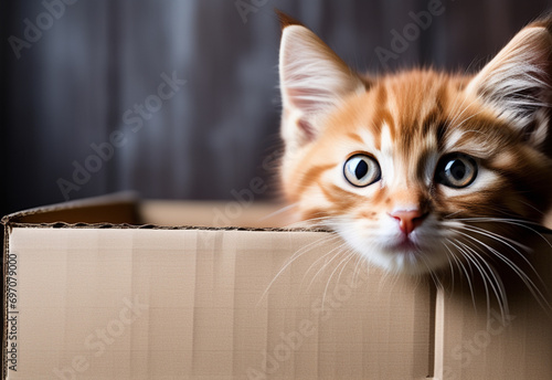 Kitten head peeking over brown cardboard box. Little tabby cat curiously peeking out from behind box. Front view, copy space.  Generative AI © Viktoriia