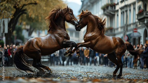 Tela Two horses on their hind legs fighting in the streets